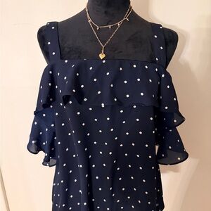 J. Crew Navy and White Polka Dot Ruffle Blouse